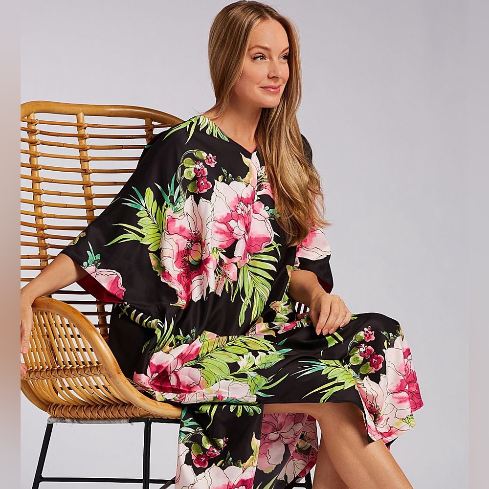 Natori Black Floral Swim Cover-Up / Caftan / Beachwear Size L New With Tags